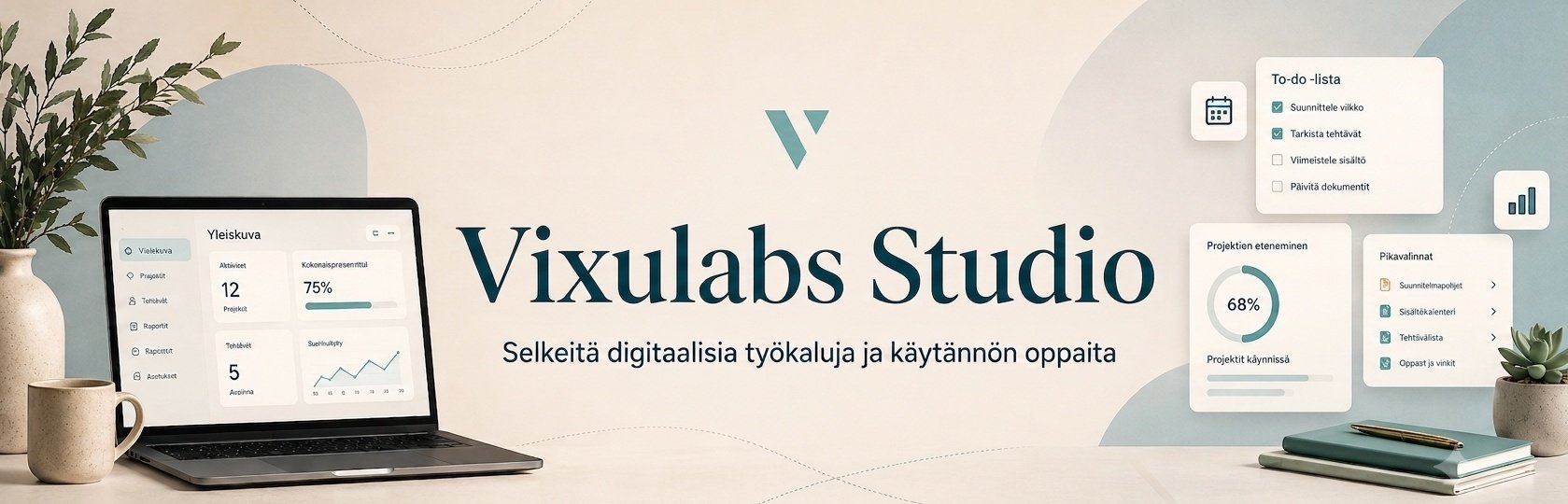 Vixulabs Studio – kannettava tietokone, kasvi ja työkalusovellusten näkymiä pöydällä