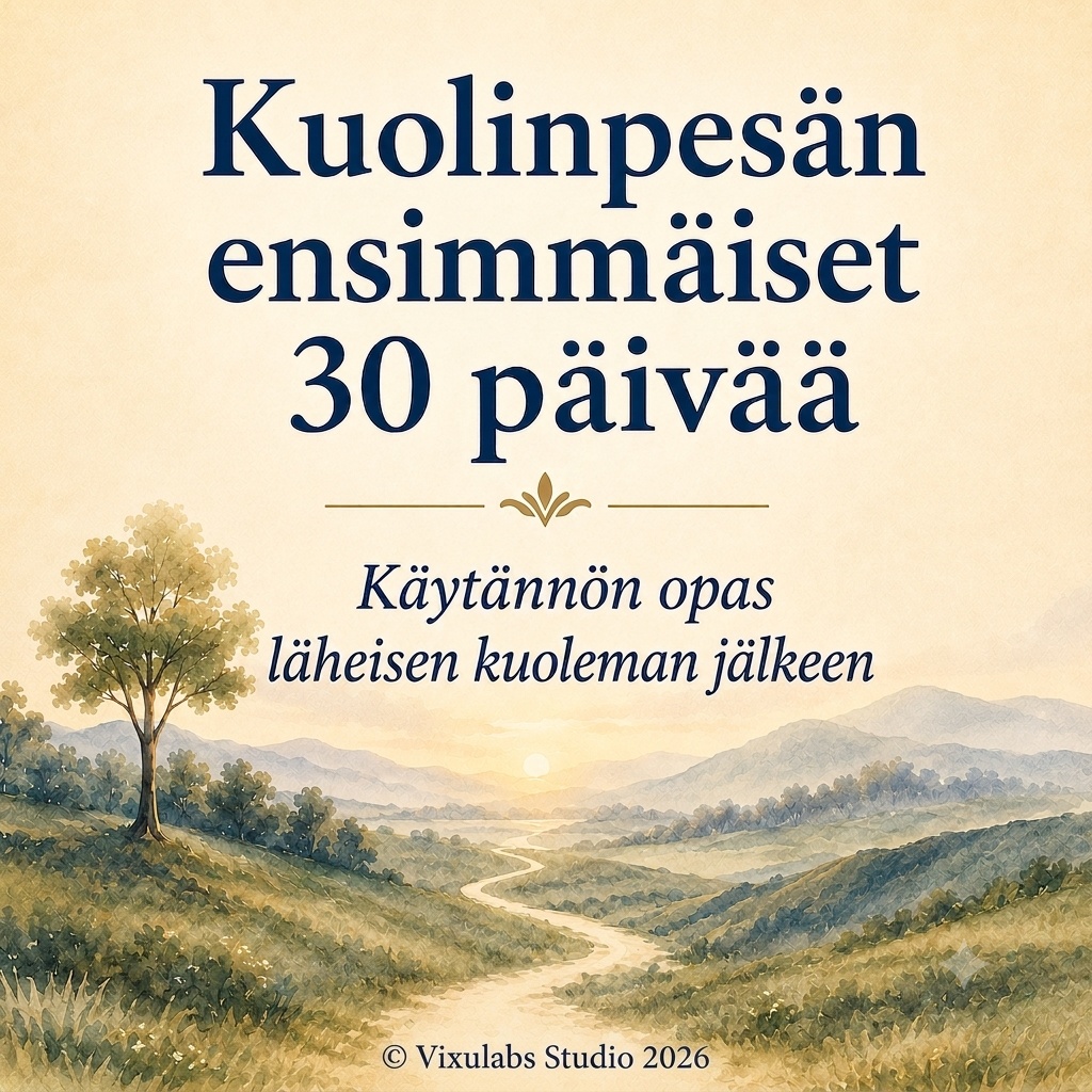 Oppaan kansi: Kuolinpesän ensimmäiset 30 päivää – akvarellimaisema, jossa polku kulkee kukkuloiden halki auringonnousua kohti